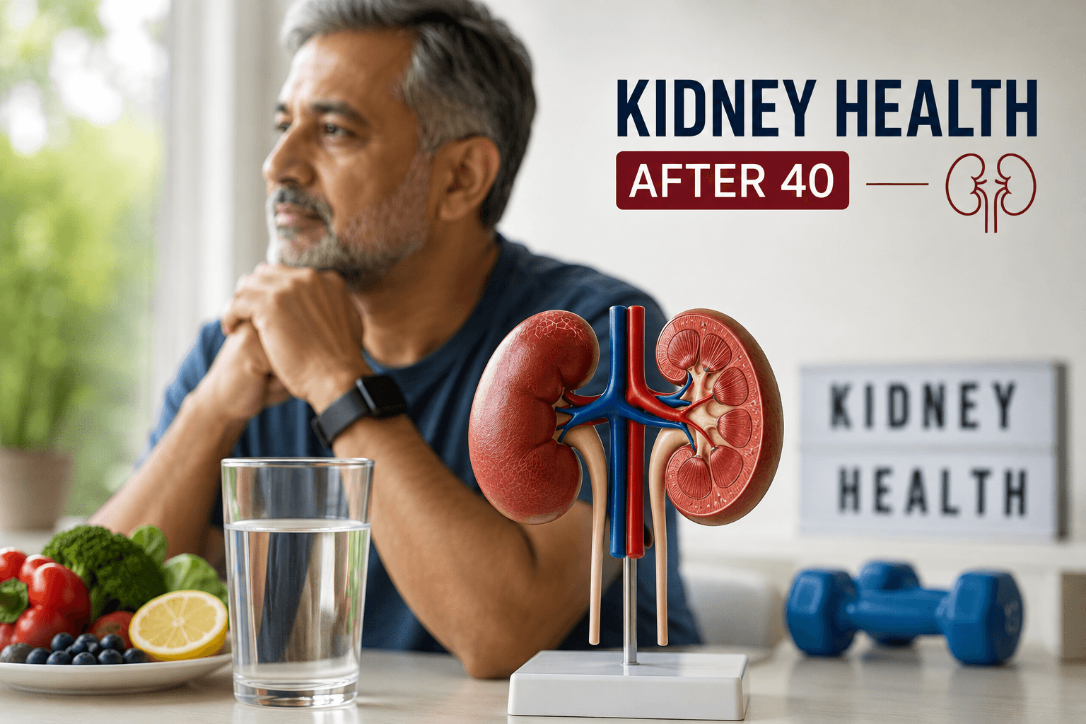 Kidney health awareness image featuring a kidney model, healthy lifestyle items, and an adult man